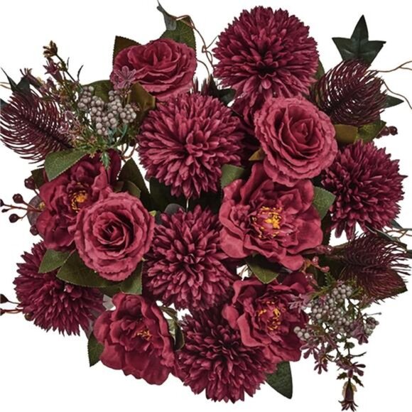 24 Heads Premium Artificial Flowers, Burgundy Silk Flower Peony Bouquets - Picture 1 of 7